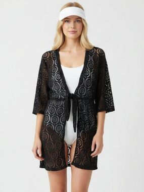 Catalina Black Lace TIe Front Swimsuit Cover Up Top Mini Dress 1X